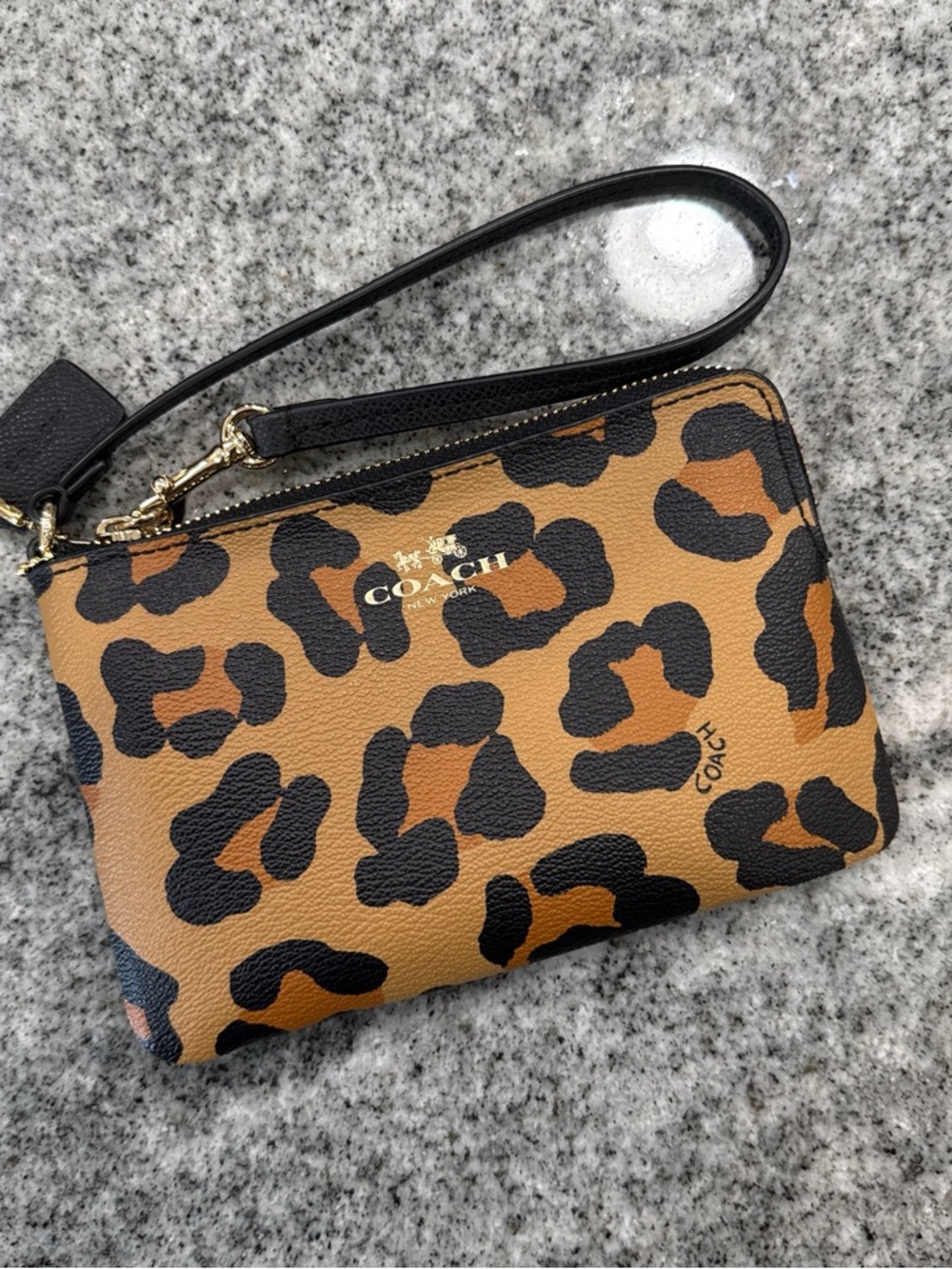 COACH Leopard Print Leather Wristlet - Tan & Black